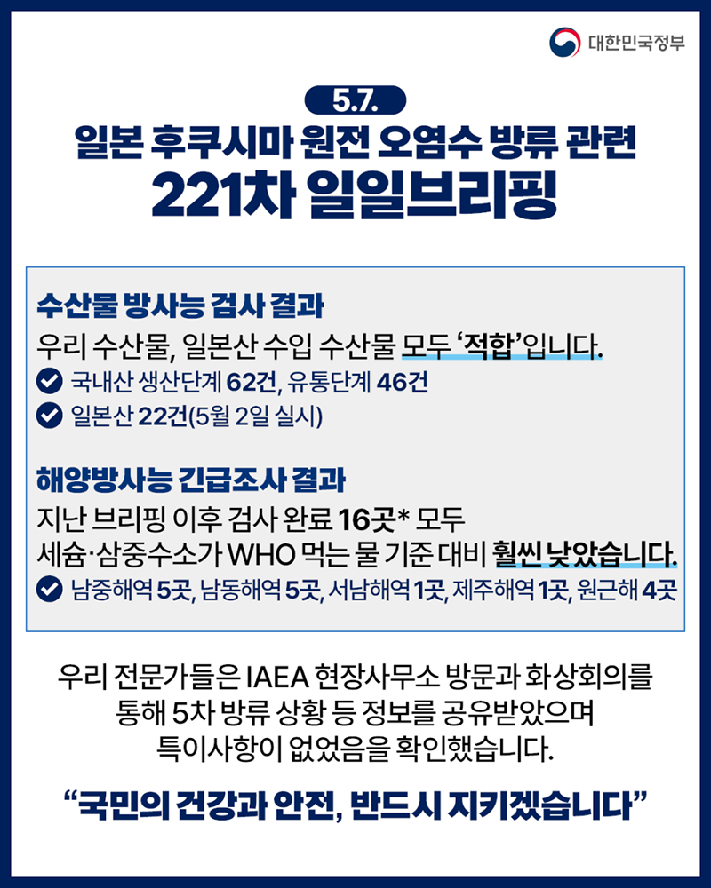 후쿠시마 원전 오염수 방류 관련 일일 브리핑(5.7.)  하단내용 참조