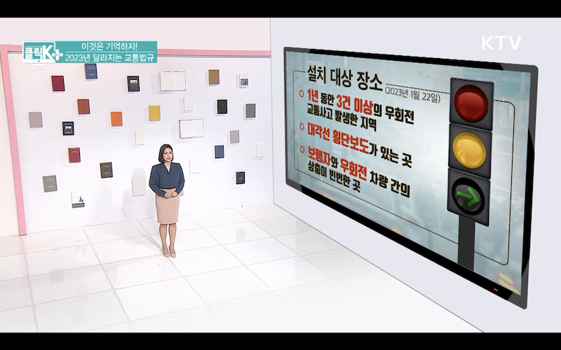 우회전 신호등은 1년 동안 3건 이상의 우회전 교통사고가 발생한 곳, 대각선 횡단보도가 있는 곳, 보행자와 우회전 차량 간의 상충이 빈번한 곳에 설치되어 있었다.