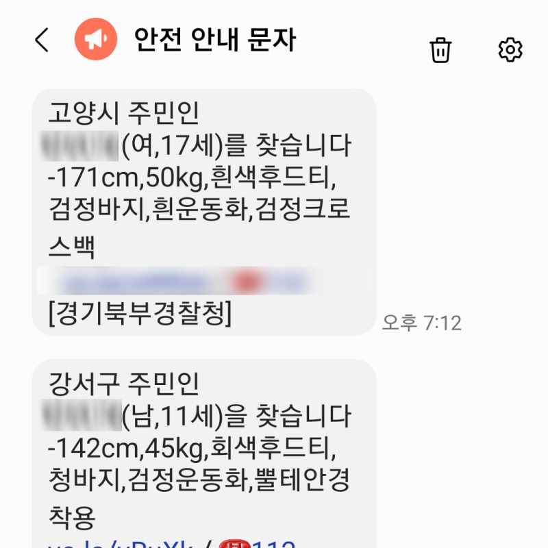 안전 안내 문자는 실종자에 대한 정보를 알려주기도 한다.