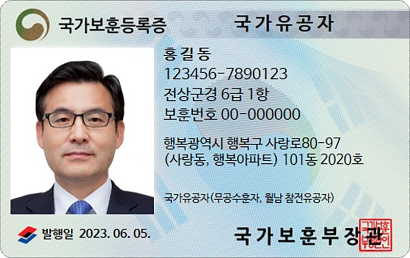 이름과 주민번호, 보훈번호, 주소 등이 적힌 국가보훈등록증 예시 사진이다.
