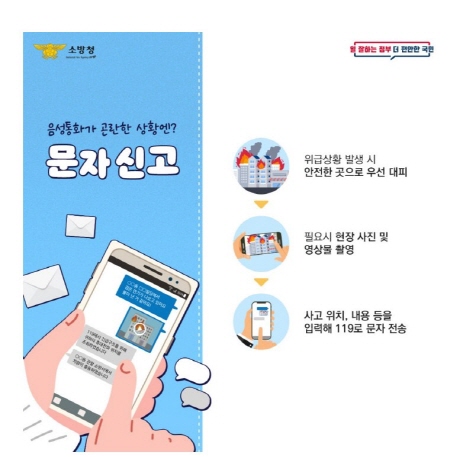 119 문자 신고는 외국인과 같이 음성으로 의사소통할 수 없는 경우, 재난 상황, 주소를 보여주는 사진과 동영상을 첨부하면 더욱 쉽고 빠르게 119 상황실과 연결된다 (출처:소방청)