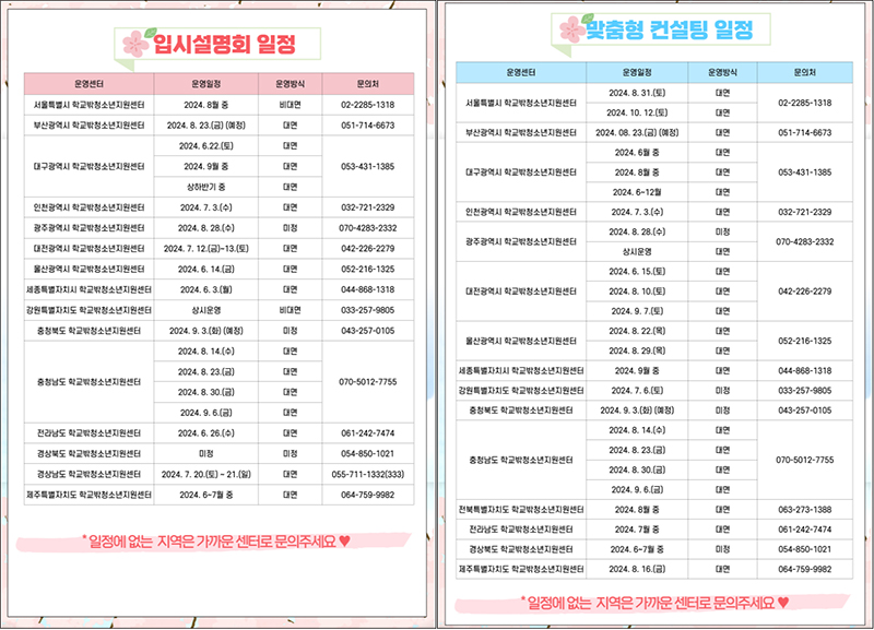 학교 밖 청소년 지원센터에서 실시하는 입시 설명회 및 대입 상담 일정표이다.