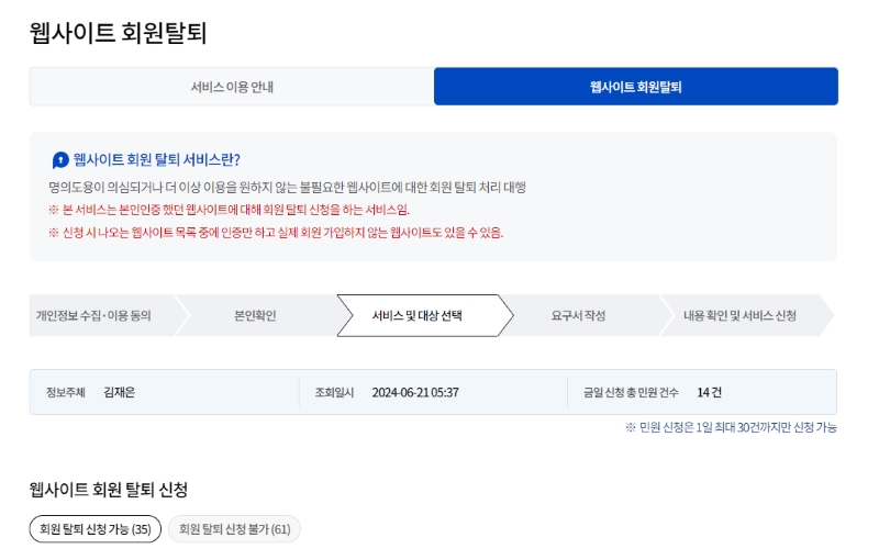 웹사이트 회원탈퇴 서비스 진행 절차 화면.(출처=개인정보 포