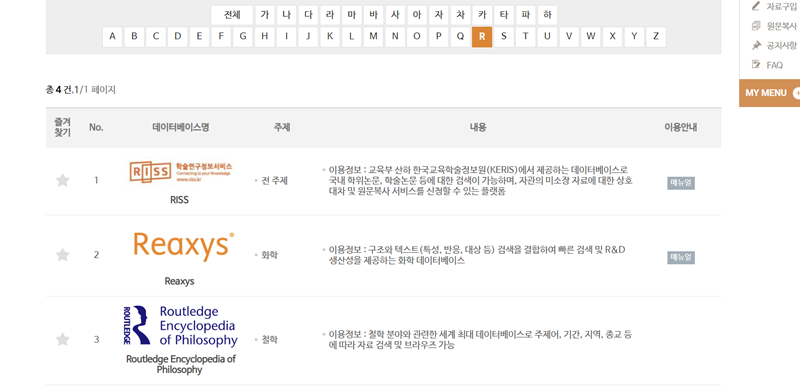 과제를 할 때 주로 이용하는 논문 누리집들. A부터 Z까지 매우 많은 누리집이 나열되어 있다.
