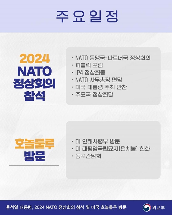 윤석열 대통령, 2024 NATO 정상회의 참석 및 미국 호놀룰루 방문 주요일정