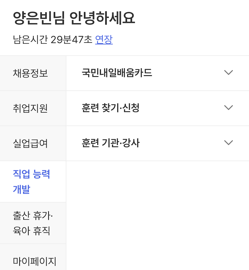 고용24 앱을 통해서 국민내일배움카드, 국민취업지원제도, 워크넷 등 다양한 서비스를 이용할 수 있으며, 해당 화면은 여러 서비스를 카테고리에 따라 분류해둔 화면이다.