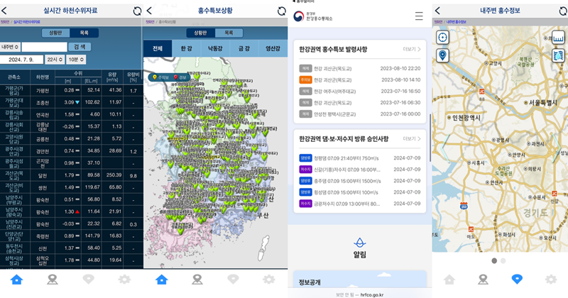 실시간 하천수위자료,강 유역별 홍수특보 발령 상황,내 주변 홍수정보에 대한 내용이다. (출처=휴대전화 화면 캡쳐)
