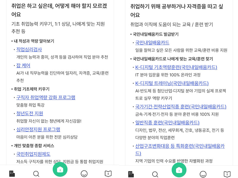 지원 제도 안내 서비스에서 취업 방법과 취업 관련 공부에 대한 질문을 선택한 뒤 받은 답변이다.