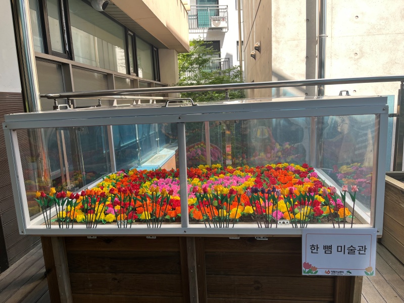 테라스에는 어르신들이 직접 접은 종이꽃이 전시된 ‘한 뼘 미술관’ 공간이 마련되어 있다.