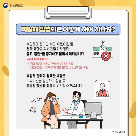 백일해에 감염되면 전파 차단을 위해 일정 기간 격리가 필요하다.(출처=질병관리청)