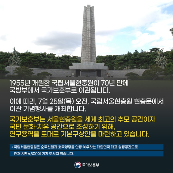 국립서울현충원이 70년 만에 국가보훈부로 옵니다