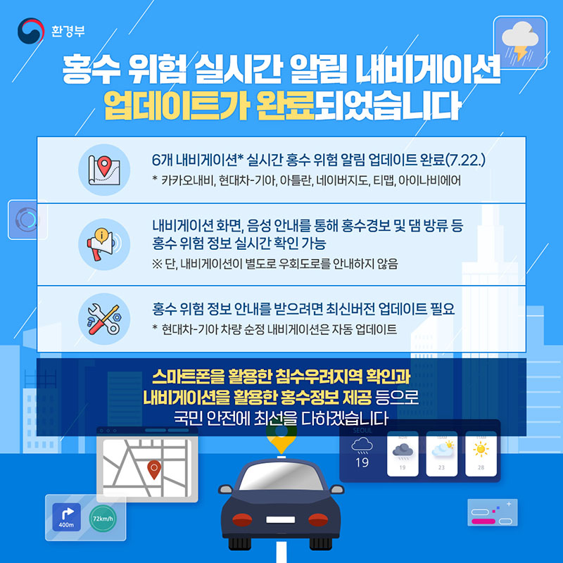 홍수 위험 실시간 알림 내비게이션 업데이트가 완료되었습니다 하단내용 참조