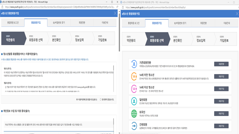 e청소년 통합회원가입 과정과 로그인을 하고 있다. (출처=e청소년 홈페이지)