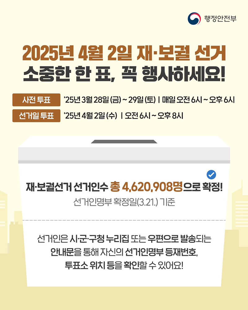 2025년 4월 2일 재·보궐선거 소중한 한 표, 꼭 행사하세요! 하단내용 참조