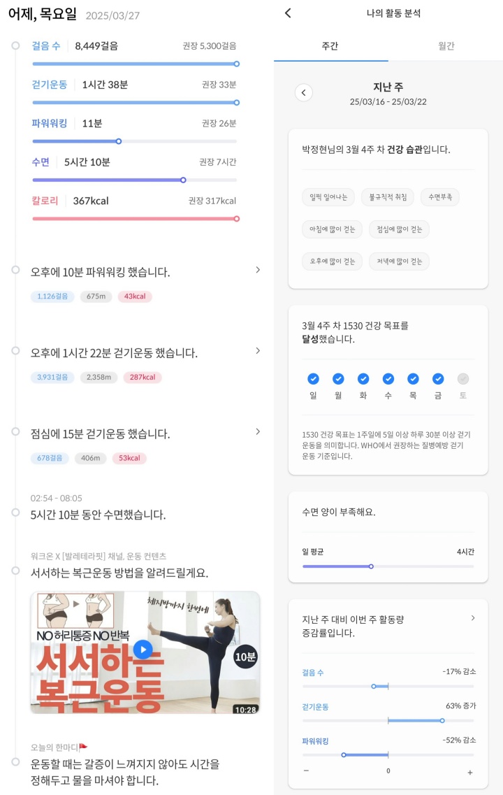일일 활동량, 걸음 수, 소모 칼로리, 수면 패턴 등 다양한 지표를 통해 나의 활동을 분석하는 '워크온' 앱
