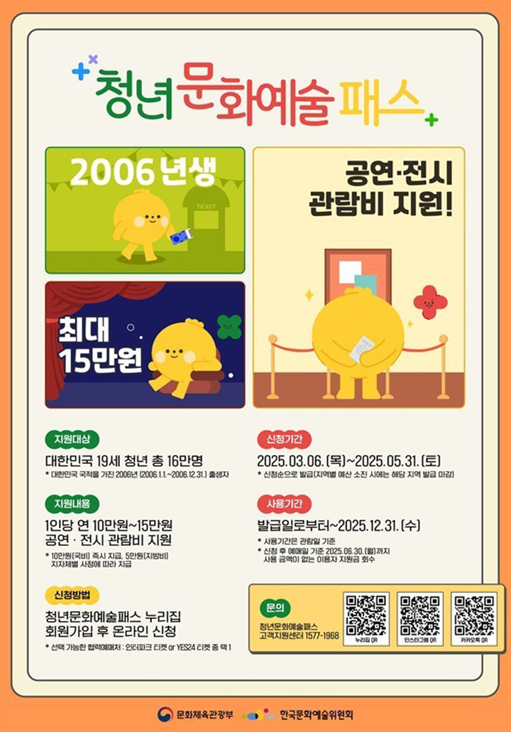 청년문화예술패스는 연 최대 15만 원, 06년생을 대상으로 문화생활 비용을 지원하는 정책이다. (출처: 문화체육관광부)