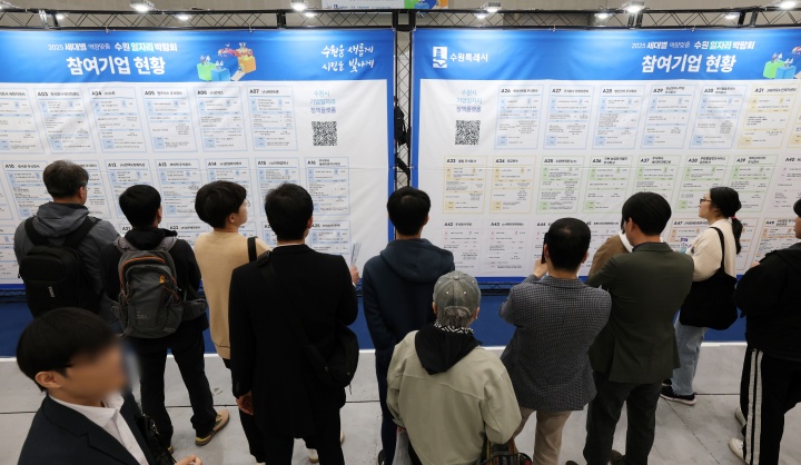 9일 오후 경기 수원시 영통구 수원컨벤션센터에서 열린 '2025 수원 일자리박람회'에서 구직자들이 참여기업 현황판을 살펴보고 있다. (ⓒ뉴스1, 무단 전재-재배포 금지)