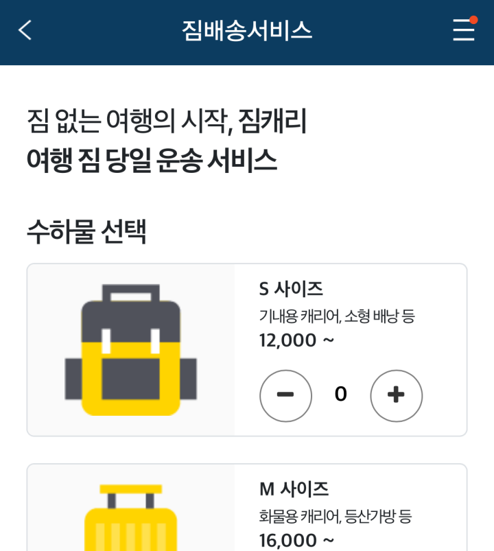 짐 배송 서비스 화면