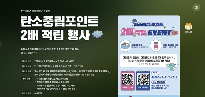 인터뷰에서 언급되었던 탄소중립포인트 2배 적립 행사에 대한 정보도 기후변화주간 특별 누리집에서 확인할 수 있다.