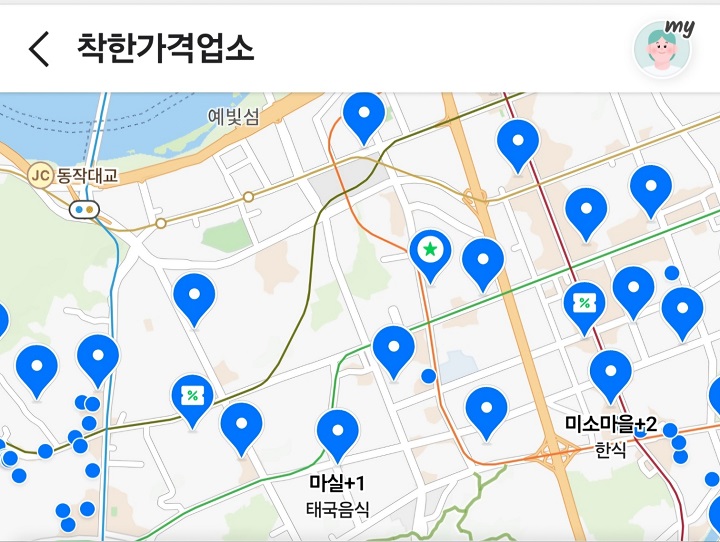 지도 앱에 들어가 착한가격업소를 검색하면 내 주변의 식당 및 위치, 메뉴, 가격 등을 편리하게 확인할 수 있다.