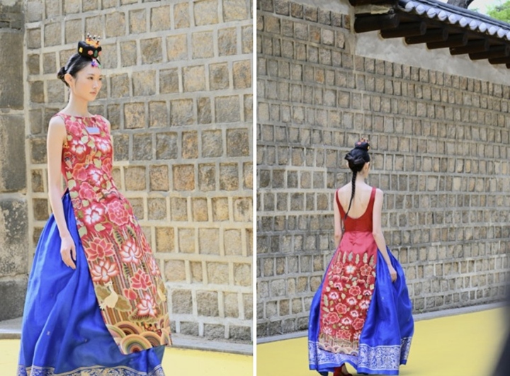 우리가 간편하게 입는 원피스 형태를 닮았으면서도 전통 무늬를 살려 한복의 멋을 드러냈다.
