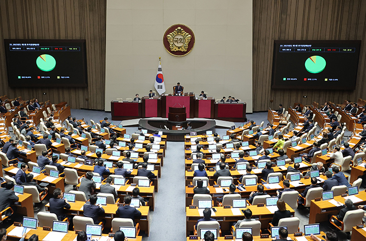 국회에서 열린 본회의에서 2025년도 제1회 추가경정예산안이 통과되고 있다. 2025.5.1 (사진=저작권자(c) 연합뉴스, 무단 전재-재배포 금지)