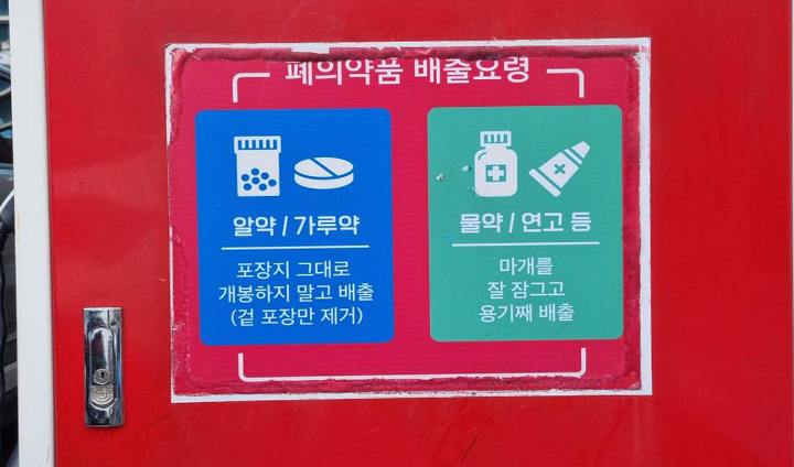 폐의약품 배출 요령이 수거함 겉면에 안내되어 있다.
