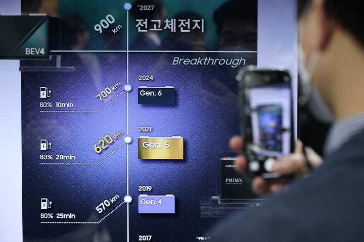 서울 강남구 코엑스에서 열린 '인터배터리 전시회'에 마련된 삼성SDI 부스에서 관람객들이 배터리를 기술을 살펴보고 있다. 2022.3.17. (ⓒ뉴스1, 무단 전재-재배포 금지)