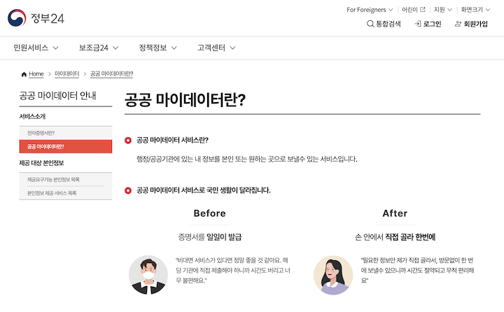 다양한 공공 누리집 및 사업에서 활용 가능한 '공공 마이데이터' 설명 화면이다.