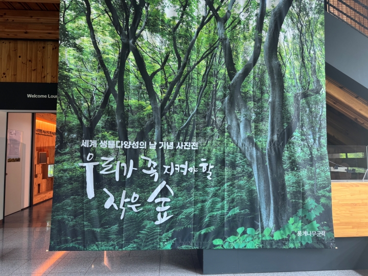 '우리가 꼭 지켜야 할 작은 숲' 사진전 현수막의 모습