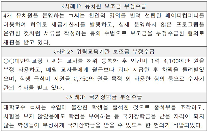 교육분야 정부지원금 부정수급 주요 사례 (자세한 내용은 본문에 설명 있음)