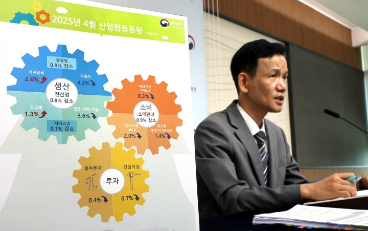 통계청 이두원 경제동향통계심의관이 정부세종청사에서 2025년 4월 산업활동동향에 관해 설명하고 있다. 2025.5.30. (ⓒ연합뉴스, 무단 전재-재배포 금지)