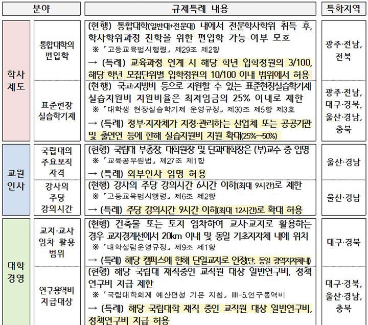 고등교육혁신 특화지역 규제특례 내용 (자세한 내용은 본문에 설명 있음)