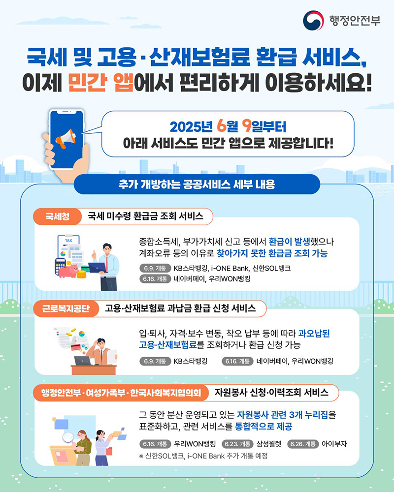 국세 및 고용·산재보험료 환급 서비스, 민간 앱으로 편리하게 이용 하단내용 참조