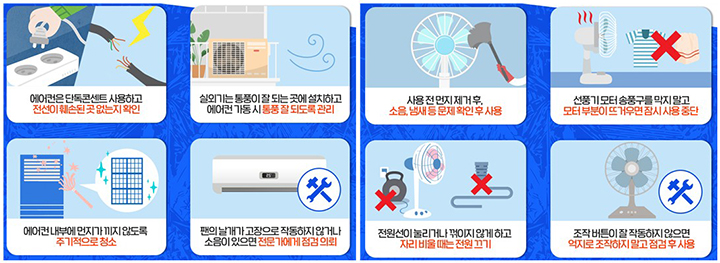 에어컨(왼쪽) 및 선풍기 화재 예방 안전수칙 (자세한 내용은 본문에 설명 있음)