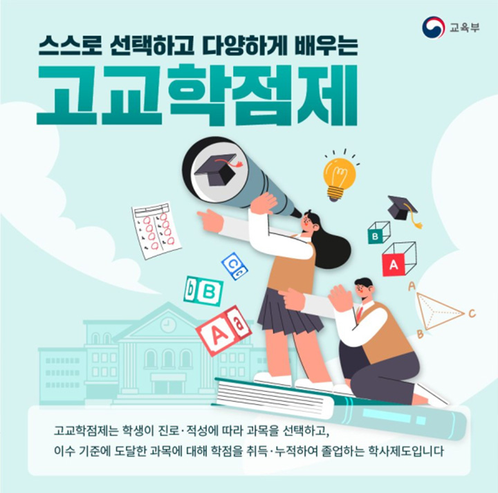 고교학점제는 학생이 자신이 원하는 진로를 바탕으로, 과목을 자율적으로 설계할 수 있다는 장점을 가지고 있다. (출처: 교육부)