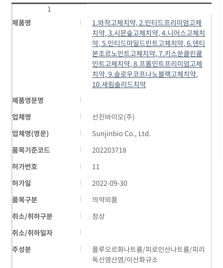품목구분, 허가 유무, 주성분 등을 간단히 확인할 수 있는 검색 결과