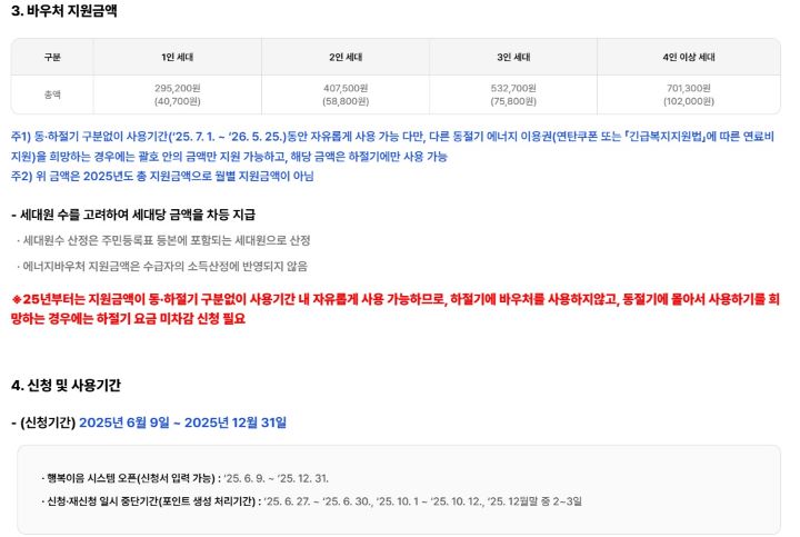 2025년도 에너지바우처 지원금액과 유의 사항에 대한 정보가 안내되고 있다. 관련된 자세한 정보는 에너지바우처 누리집을 통해 확인할 수 있다(출처=에너지바우처 누리집)