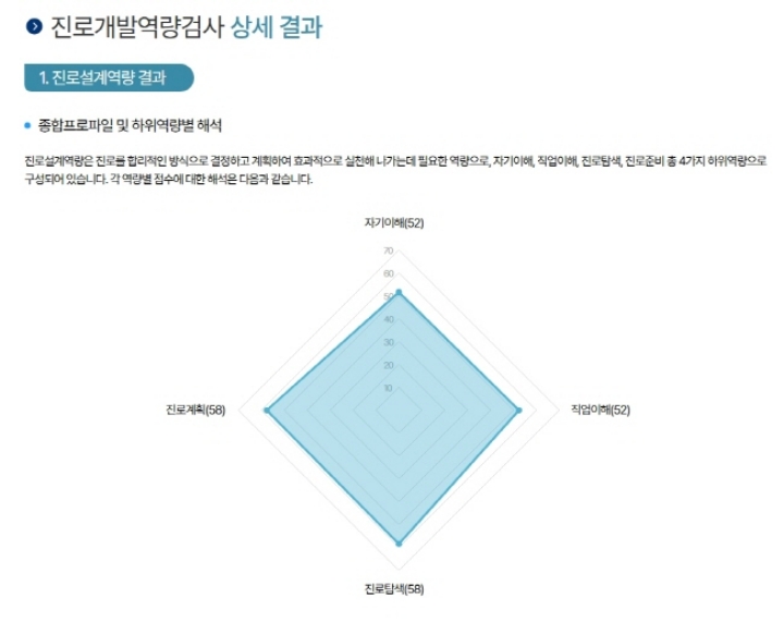 중학교 1학년 아들의 진로개발역량검사 결과(출처=커리어넷)