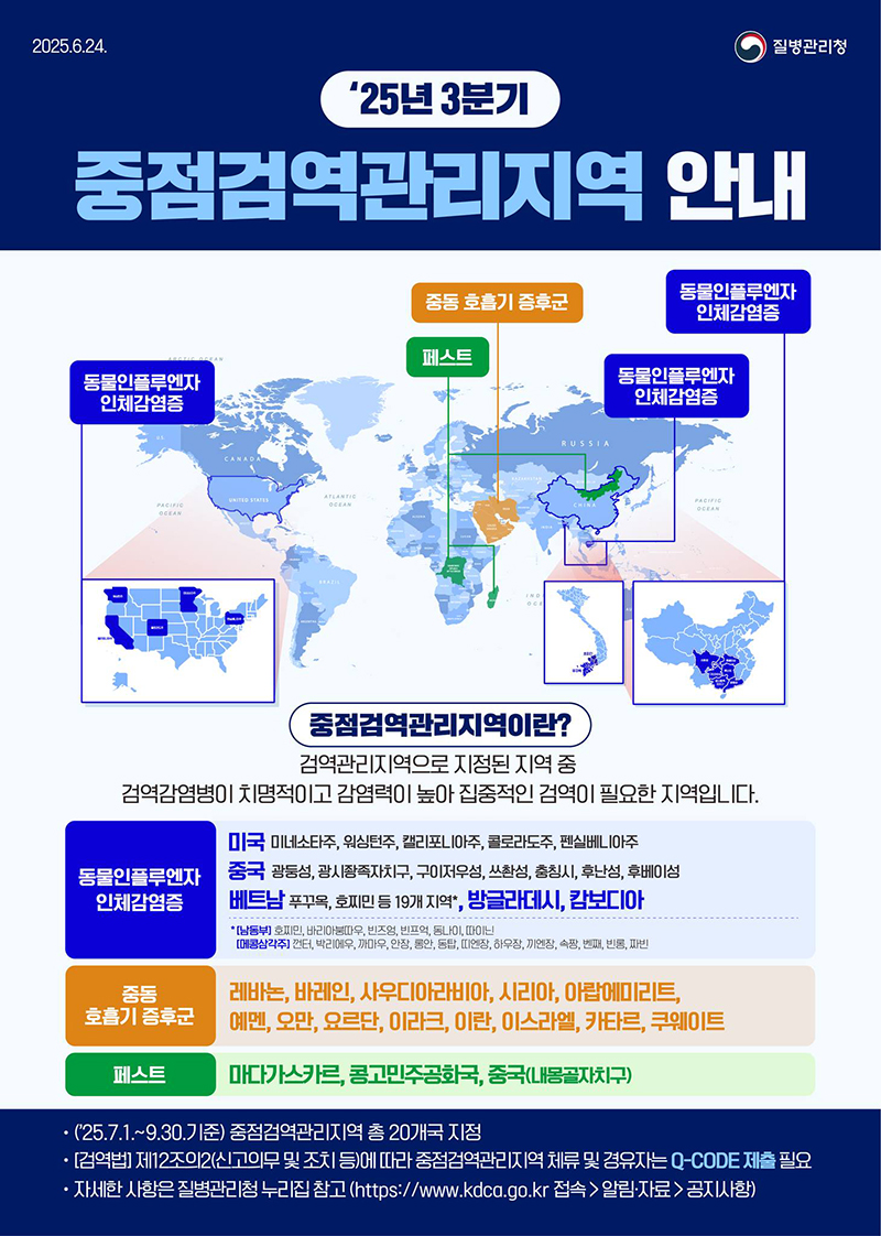 '25년 3분기 중점검역관리지역 안내 하단내용 참조