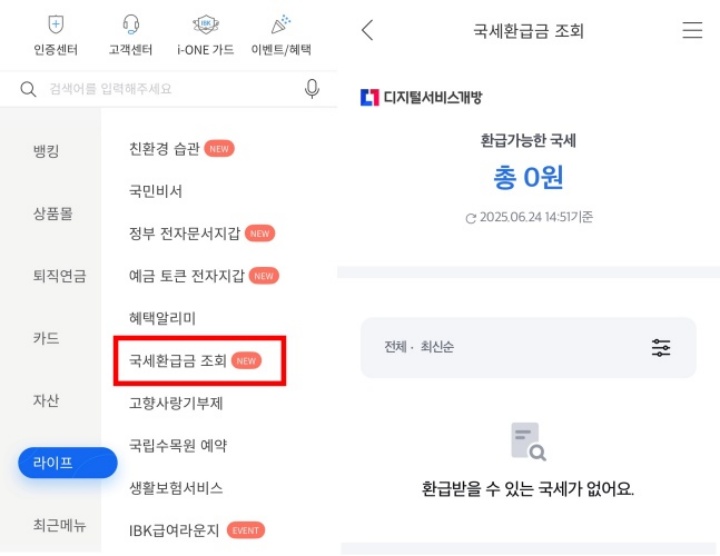 I-ONE bank 앱에서 라이프 -> 국세환급급 조회 탭으로 들어간 사진