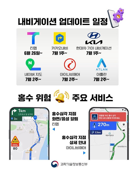 집중호우 내비게이션 홍수기 도로 위험 안내