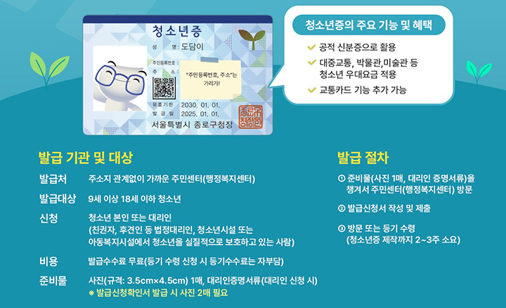 청소년증 소개 (자세한 내용은 본문에 설명 있음)