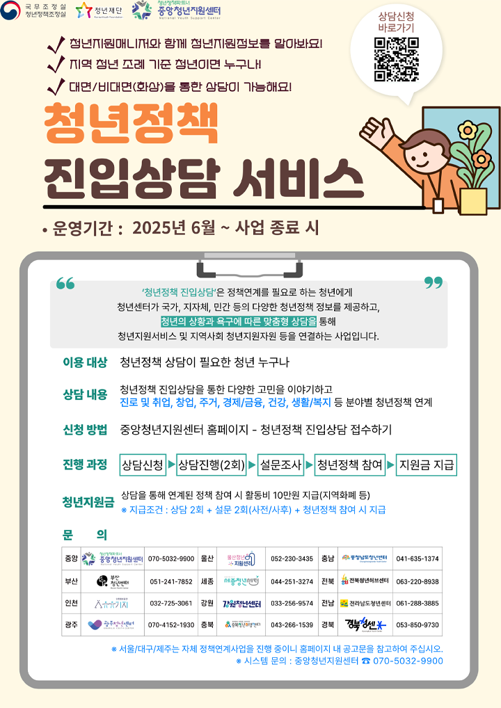 지난 6월 23일, 중앙청년지원센터에서 청년 고민을 들어주고 정책으로 연계까지 도와주는 '청년정책 진입상담 서비스'를 활성화한다고 밝혔다.