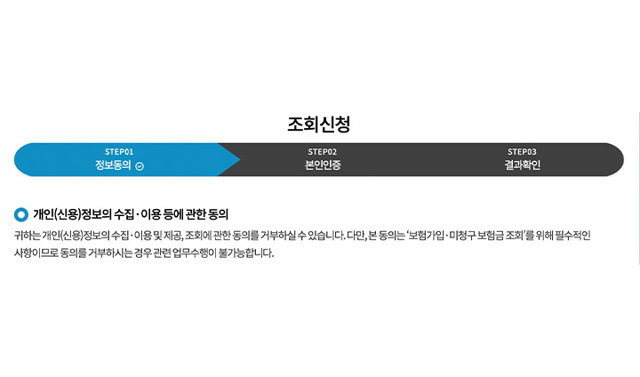 신청 순서는 간단하다. 약관 등 동의를 하고, 본인인증 절차를 거친 후 바로 내역을 조회할 수 있다.