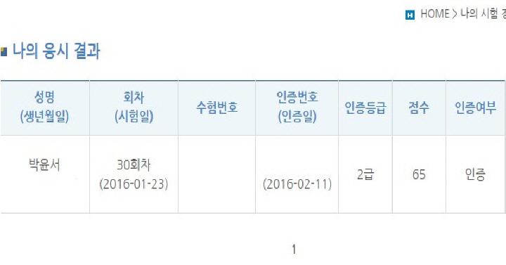 2016년 고등학생 시절 취득한 한국사능력검정시험 자격증 사진. (사진 출처 : 한국사능력검정시험 누리집)