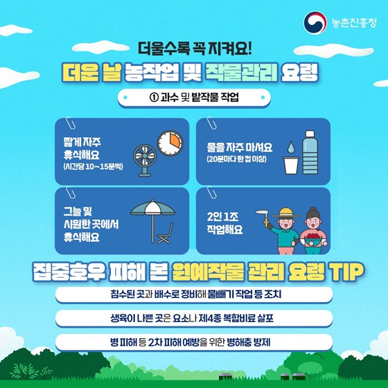 푹푹찌는 무더위 농작업 및 작물 관리 요령