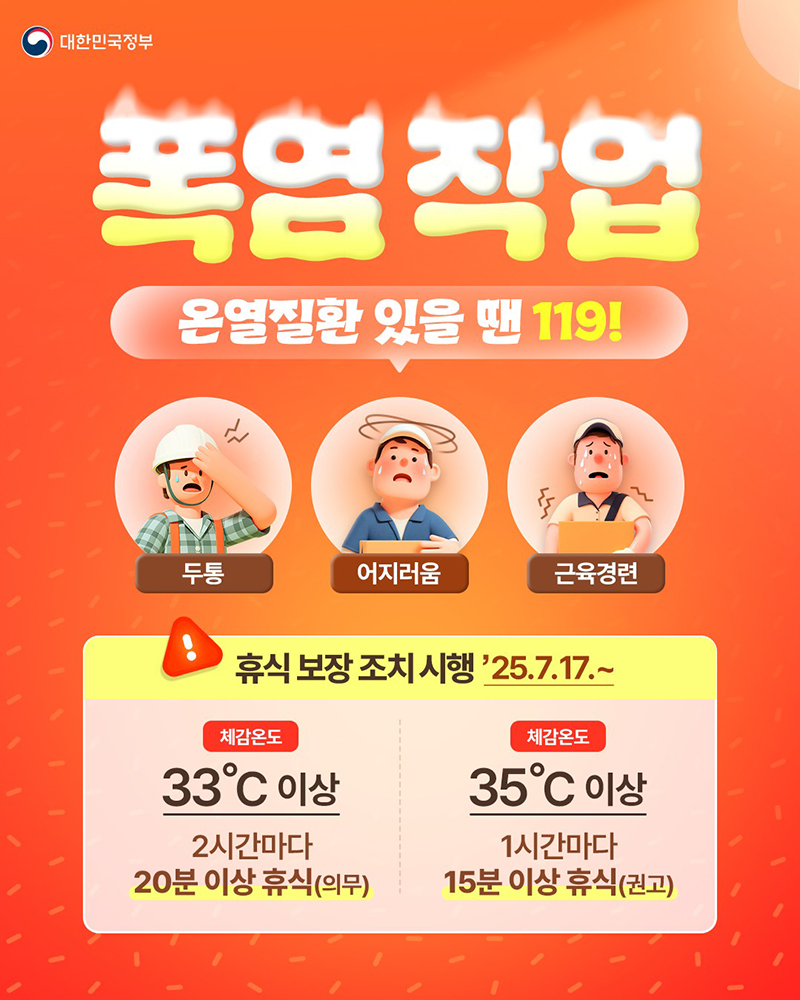 폭염 작업 온열질환 있을 땐 119 하단내용 참조