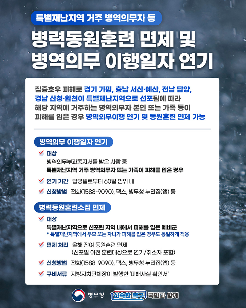 병력동원훈련 면제 및 병역의무 이행일자 연기 하단내용 참조