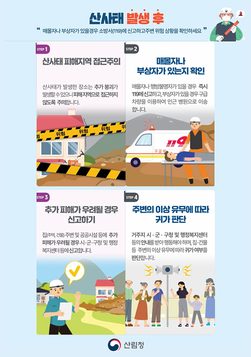 산사태 발생 후, 이렇게 행동하세요! 하단내용 참조